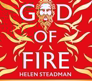 A bearded Greek god emerges from golden flames on a scarlet background.