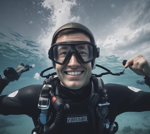 Several scuba diving gear sets, including tanks and hoses, are neatly arranged on a bench on a boat. The background shows clear blue ocean water with gentle waves, indicating a serene environment perfect for diving activities.