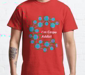 a man wearing a red shirt with the words i'm casperer addict