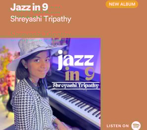 Shreyashi Tripathy, Indian pianist and composer, featured on the jazz fusion album cover 'Jazz in 9'