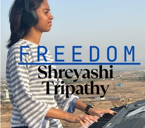 Shreyashi Tripathy, Indian pianist and composer, featured on the empowering album cover of 'Freedom'