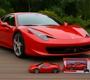 Ferrari rojo con un carro a RC pequeño a un lado