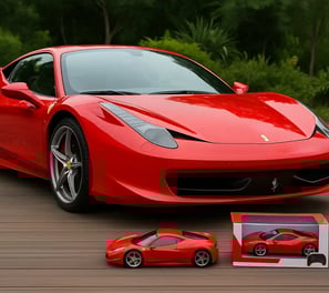 Ferrari rojo con un carro a RC pequeño a un lado