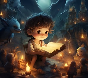 a boy reading a book in a dark room