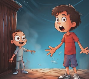 a boy standing in front of a door with a surprised look on his face