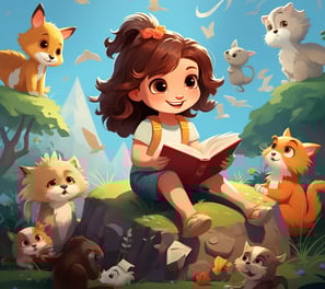 a girl is sitting on a rock with a book and a cat