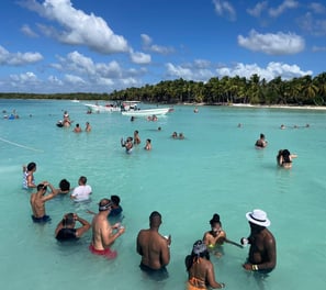 a group of people in the water at a beach