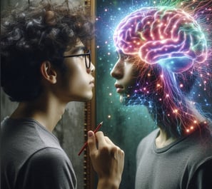 Personne qui decouvre son fonctionnement cérébral en se regardant dans un mirroir