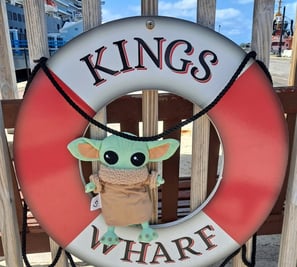 Little Green companion sitting inside life preserver that says Kings Wharf