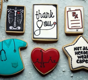 thank-you cookies themed for doctors and nurses, featuring medical-inspired designs and heartfelt messages show appreciation