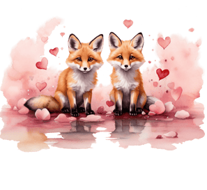 two foxes sitting on a cloud with hearts