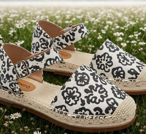 Contoh sandal espadrilles dengan bagian atas dari kanvas SIGNIFO bermotif.