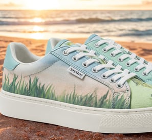 Sepatu kanvas SIGNIFO warna laguna dengan print sublim ombak untuk desain custom.