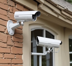 a smart phone sitting next to a security camera