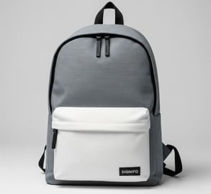 Contoh desain tas ransel minimalis abu-abu dan putih bahan kanvas SIGNIFO.