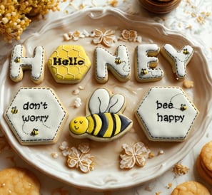 Letter-shaped sugar cookies spelling out the message “Bee Happy,” perfect for uplifting gifts or themed celebrations