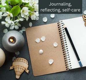 table with a journal and pencil on text reads journaling, reflecting, self-care