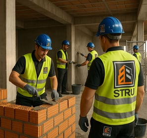 Obra STRU com alvenaria e reboco em execução.