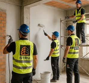 Equipa STRU a aplicar estuque e pintura em obra