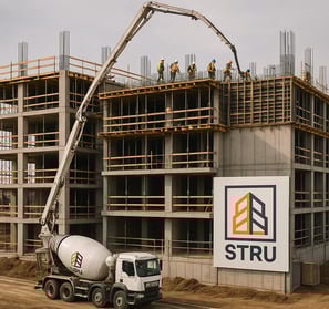 Construção STRU com laje de betão sendo concretada no 4º piso.