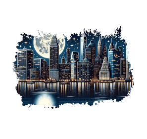 a city skyline with a full moon in the background