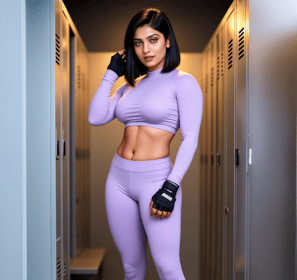 B9see, Fit woman in a lavender two-piece workout set posing in a gym locker room
