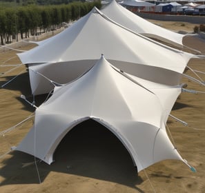 A large, triangular white tent set up on a sprawling green lawn under a partly cloudy sky. The scene includes outdoor furniture like chairs and tables, with some string lights hanging along the edges of the tent. Trees and bushes can be seen in the background.