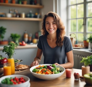 a woman sitting at a table with a bowl of food
