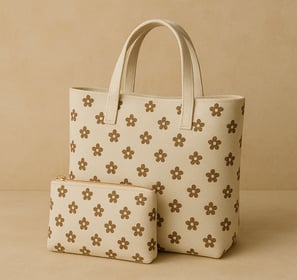 B9see, Stylish beige tote bag with floral prints and matching small pouch