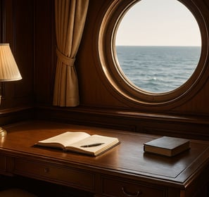  Espaço de escrita elegante a bordo de um navio, com escrivaninha clássica junto a uma janela redonda com vista para o mar.