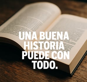 Libro abierto sobre mesa de madera con el texto “Una buena historia puede con todo”