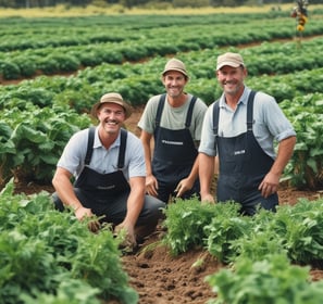 A group of six people are working together on a patch of land, engaging in agricultural activities. They are dressed in various colors with some donning traditional hats. The background consists of dense green foliage and trees, with a marshy area or river behind the workers. The scene suggests a rural setting with natural surroundings.