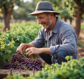 A group of six people are working together on a patch of land, engaging in agricultural activities. They are dressed in various colors with some donning traditional hats. The background consists of dense green foliage and trees, with a marshy area or river behind the workers. The scene suggests a rural setting with natural surroundings.