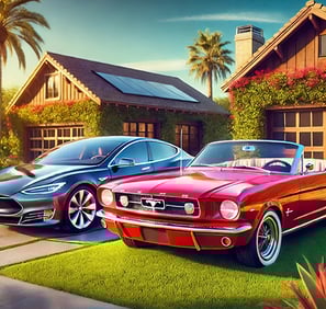 A classic red Ford Mustang and a sleek modern Tesla parked side by side- artificial intelligence, latest ai news, ai tools