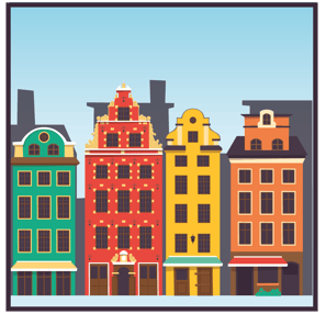 Illustration av färgglada hus i Stockholm för RUT-avdrag på fönsterputsning