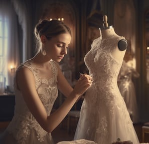 Woman dressmaker adjusts lace on mannequin in studio.