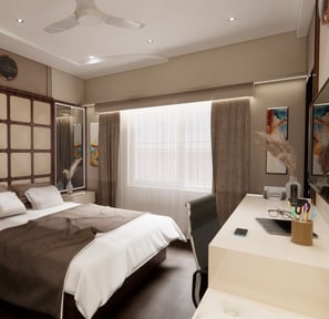 3 Luxurious bedrooms with premium wardrobe with LED, mirror, double bed, study table and bathroom