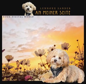 a dog sitting on a field with flowers