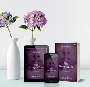 The Storyteller book near flower vase