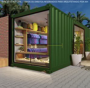 Perspectiva da fachada de uma loja em container, com destaque para uma vitrine grande e convidativa