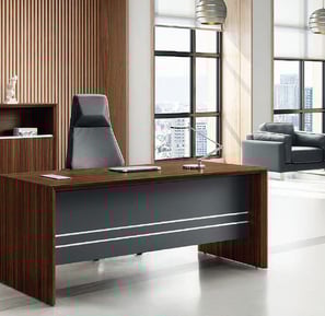 Executive office interior from the Kate Series showcasing a classic wood and charcoal desk, high-bac
