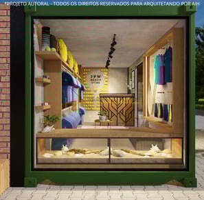 fachada lateral da loja container com uma grande vitrine