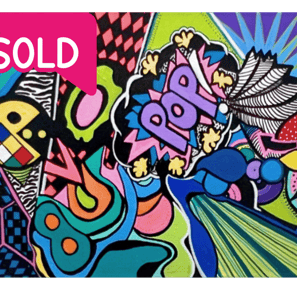 Recently sold, Pop Goes There My World, is a colorful painting by Frankie Cervantes. 