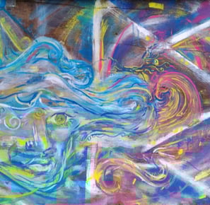 détail d'une peinture aux tons bleus, on peut y distinguer le schéma de l'ad, des yeux, un ou plusieurs visage, un phénix