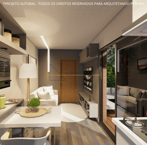 Ambiente interno de uma casa container com sala de estar, jantar e cozinha integradas e uma decoraçã