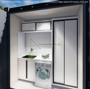 Área de serviço em uma casa container, com espaço para todos os equipamentos necessários e excelente