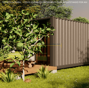 Imagem externa de uma casa container com árvores e a grande janela do dormitório proporcionando ilum