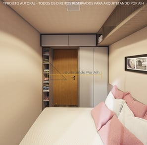 Dormitório confortável em uma casa container, com ótima iluminação natural, cama de casal e armário.