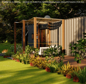 Imagem em perspectiva da fachada da casa container, mostrando amplas janelas e um deck de madeira na