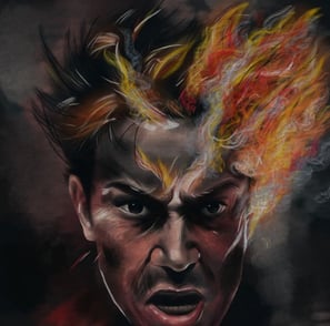 rageful man with flames